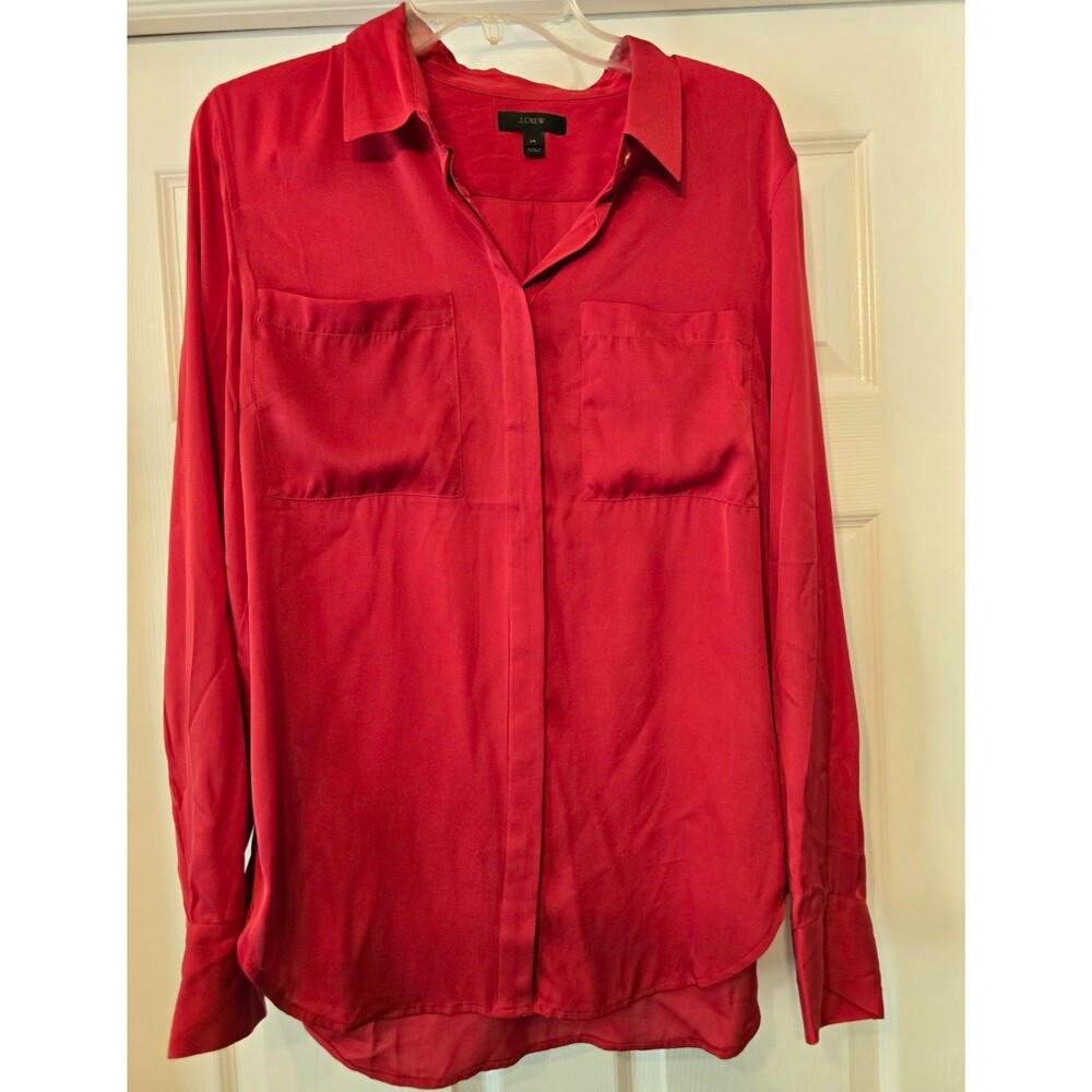 J.CREW Red Silk Satin Button-Down Blouse Collared Long Sleeve Pockets Sz 14
